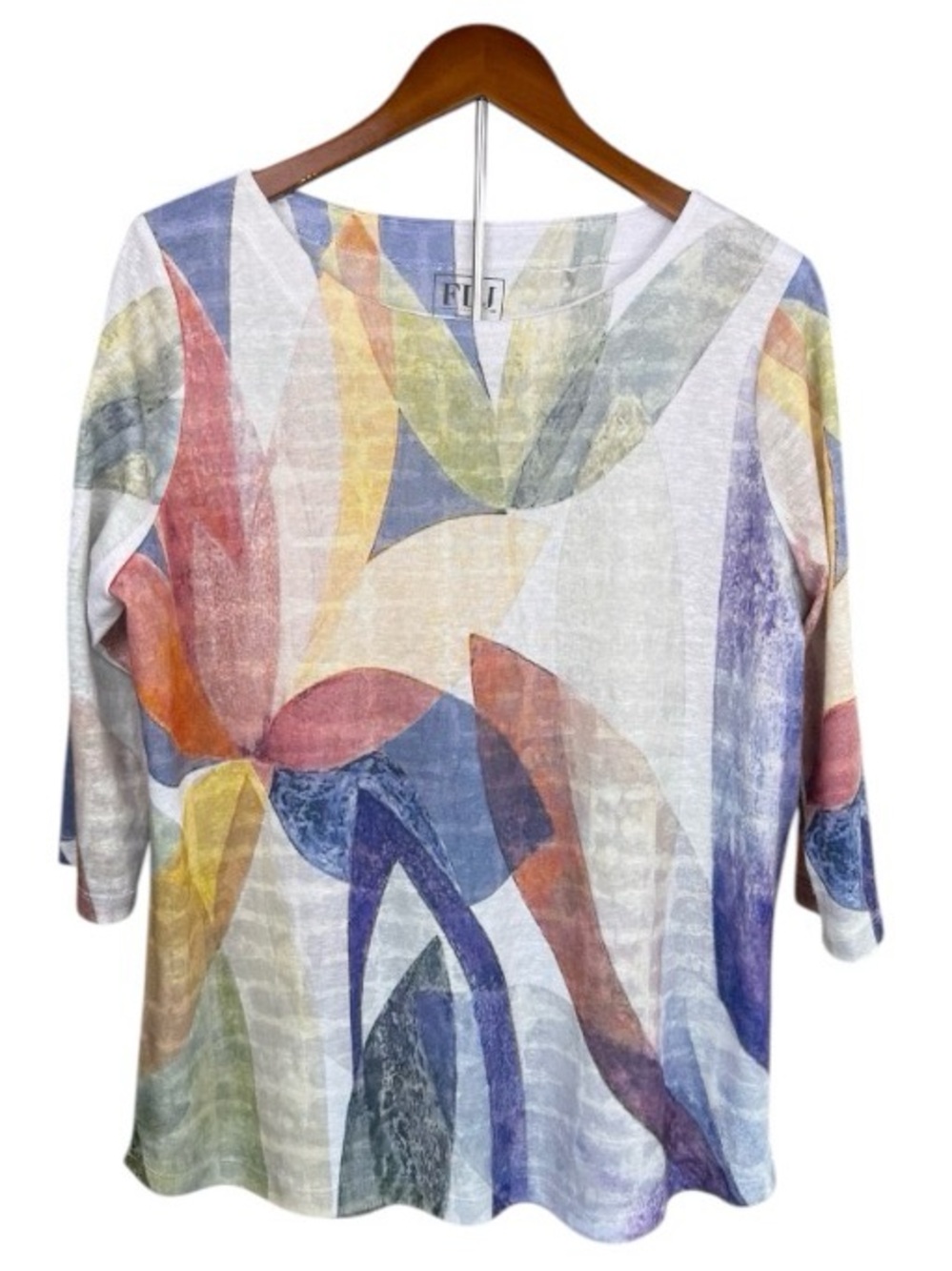 FDJ Abstract Geometric Top Boat Neck 3/4 Sleeves Lightweight Size Large